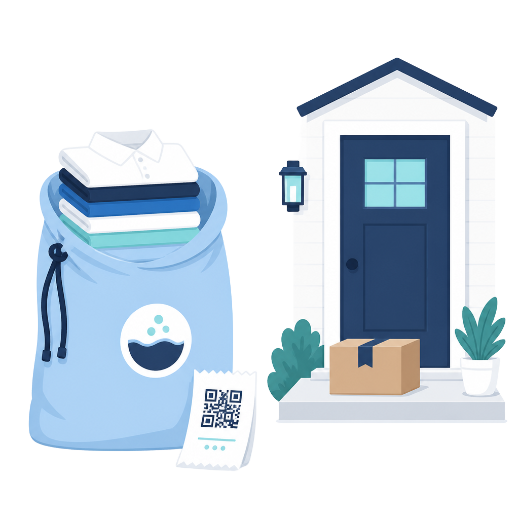 A bag of clean folded laundry with a receipt, delivered to a home doorstep
